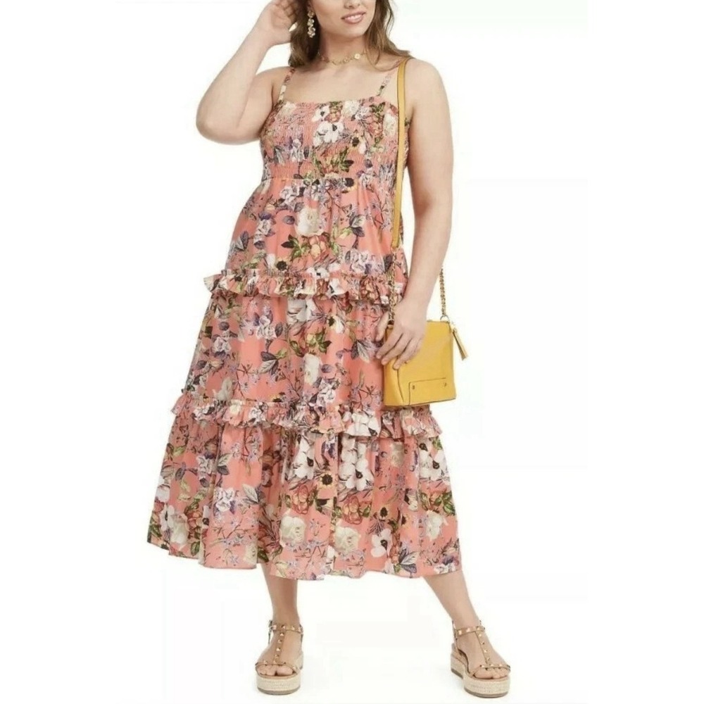 NWT INC Womens Smocked Floral Cotton Tiered Maxi Dress Plus Pink Orange Boho 2X
